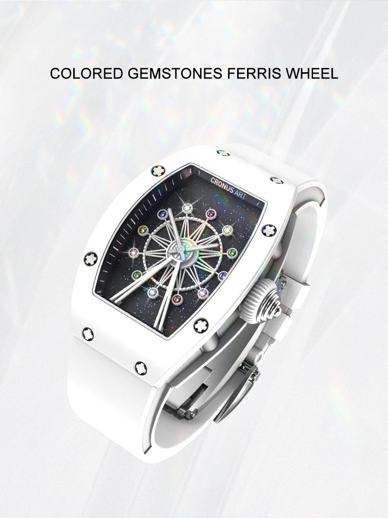 CRONUSART Orologio da donna di lusso Tonneau Orologio da polso al quarzo da donna Cassa in ceramica Cinturino in gomma fluorurata Quadrante ruota panoramica girevole