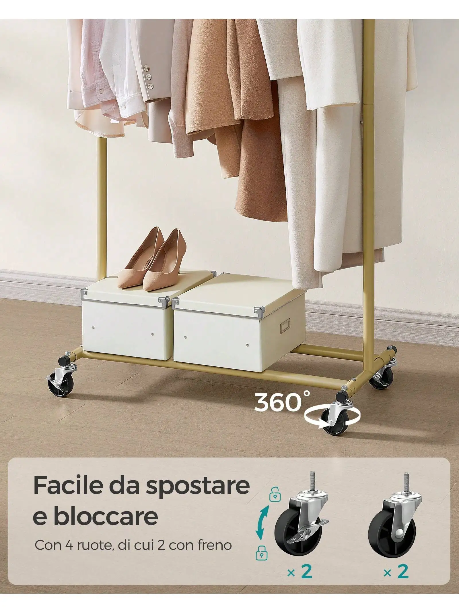 SONGMICS appendiabiti per impieghi gravosi su ruote, binario estensibile, carico di 90 kg, facile montaggio, portatile, oro pallido