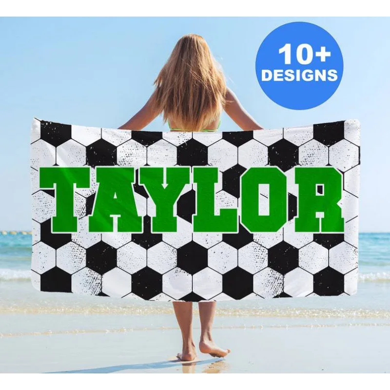 Custom Children Name Beach Towel Football Basketball Ball Pattern Block Font Personalized Bath Towels for Home Pool Kids Gift