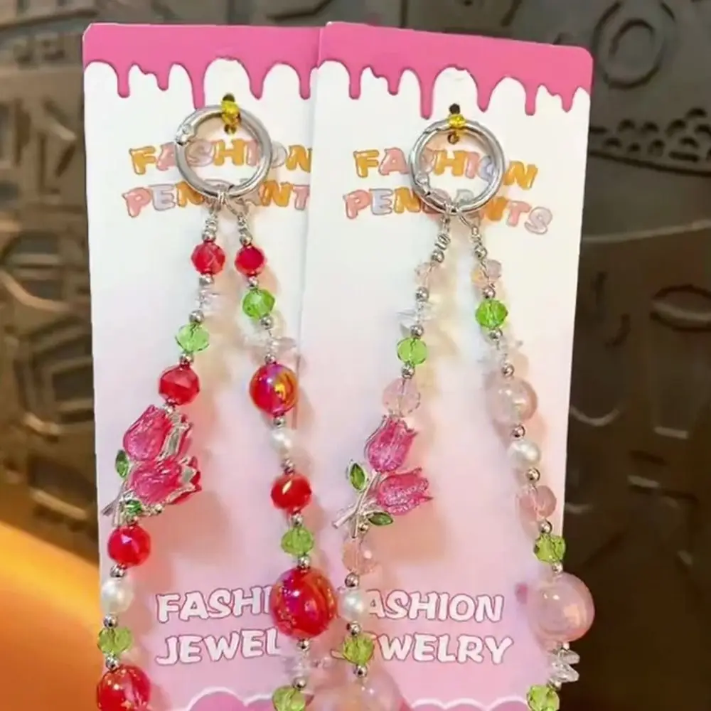 

Ремешок для телефона с кристаллами и жемчугом в виде тюльпана, роскошный шнурок-цепочка для мобильного телефона, защита от потери, подвеска для телефона