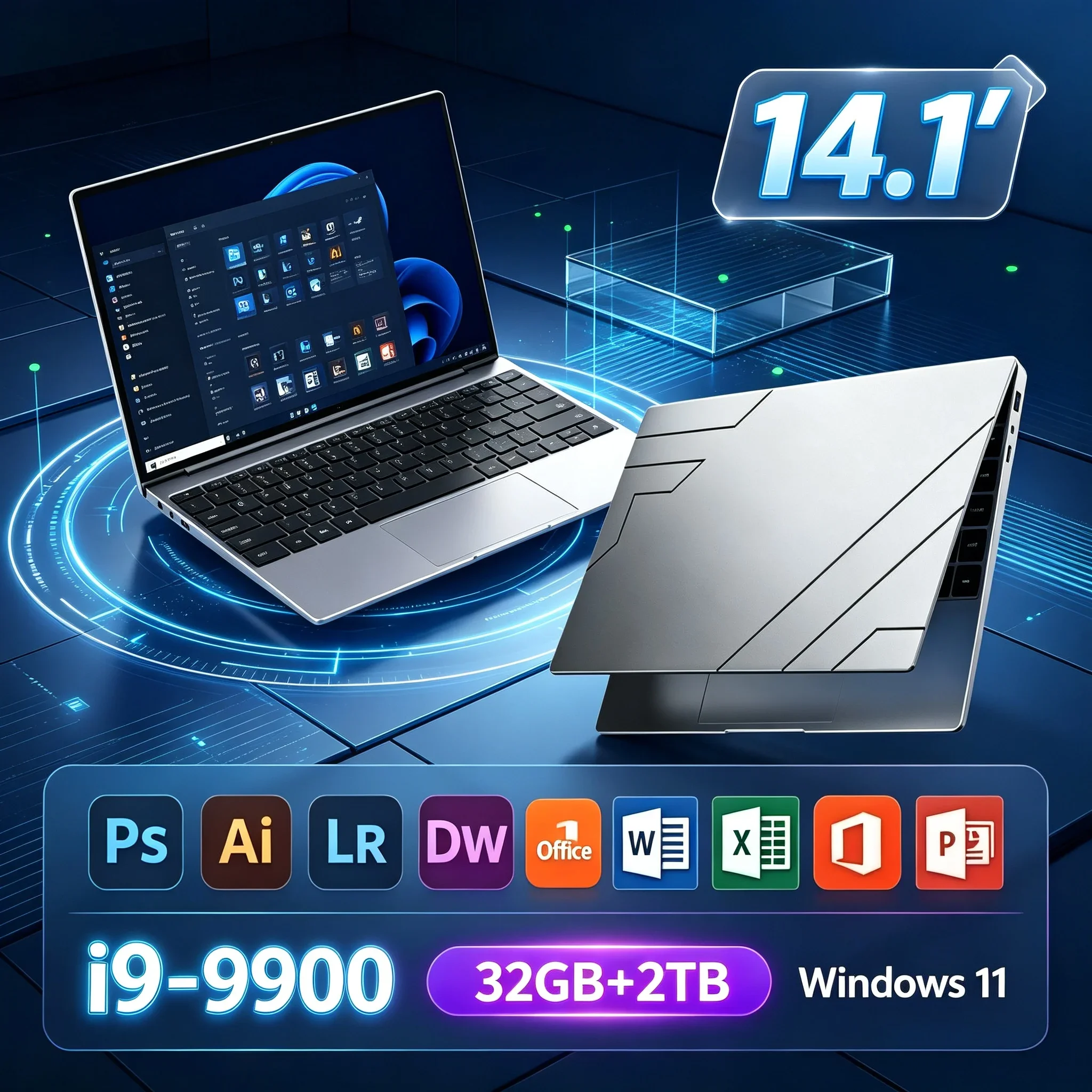 Ultra Lightweight 14.1'' Notebook PC Intel I9‑9900 32GB RAM 1TB/2TB SSD Windows11 Slim Laptop For Home Office Student Learning