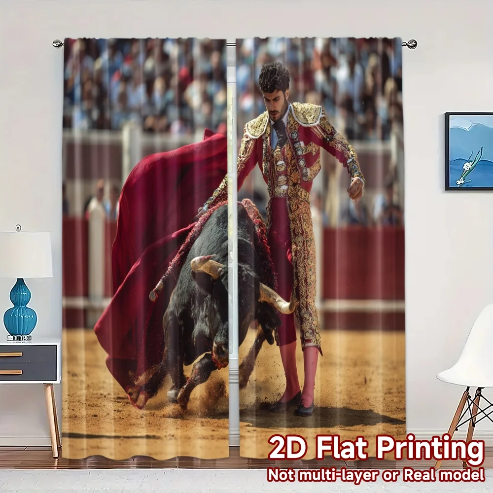 2pcs, 2D FLAT PRINTING Curtains (Without Rod) Bullfighter Duel Popular Minimalist Curtains Semi-Sheer Curtains All Seasons Ldeal