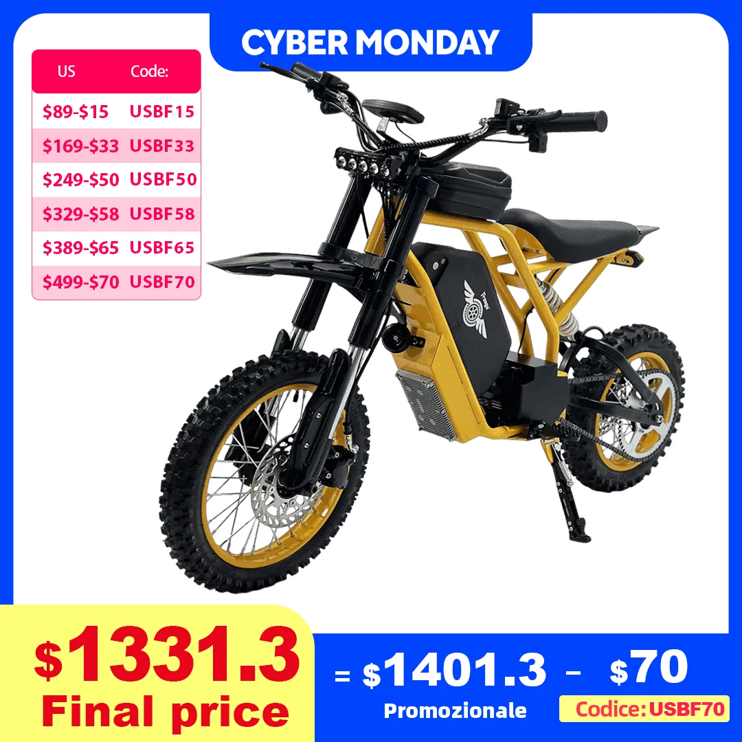 

Freego Electric Dirt Bike for Youth Kids 2800W Mid-Drive Motor 37MPH 56-Mile Range Suspension Hyaulic Disc Brake Electric Bike
