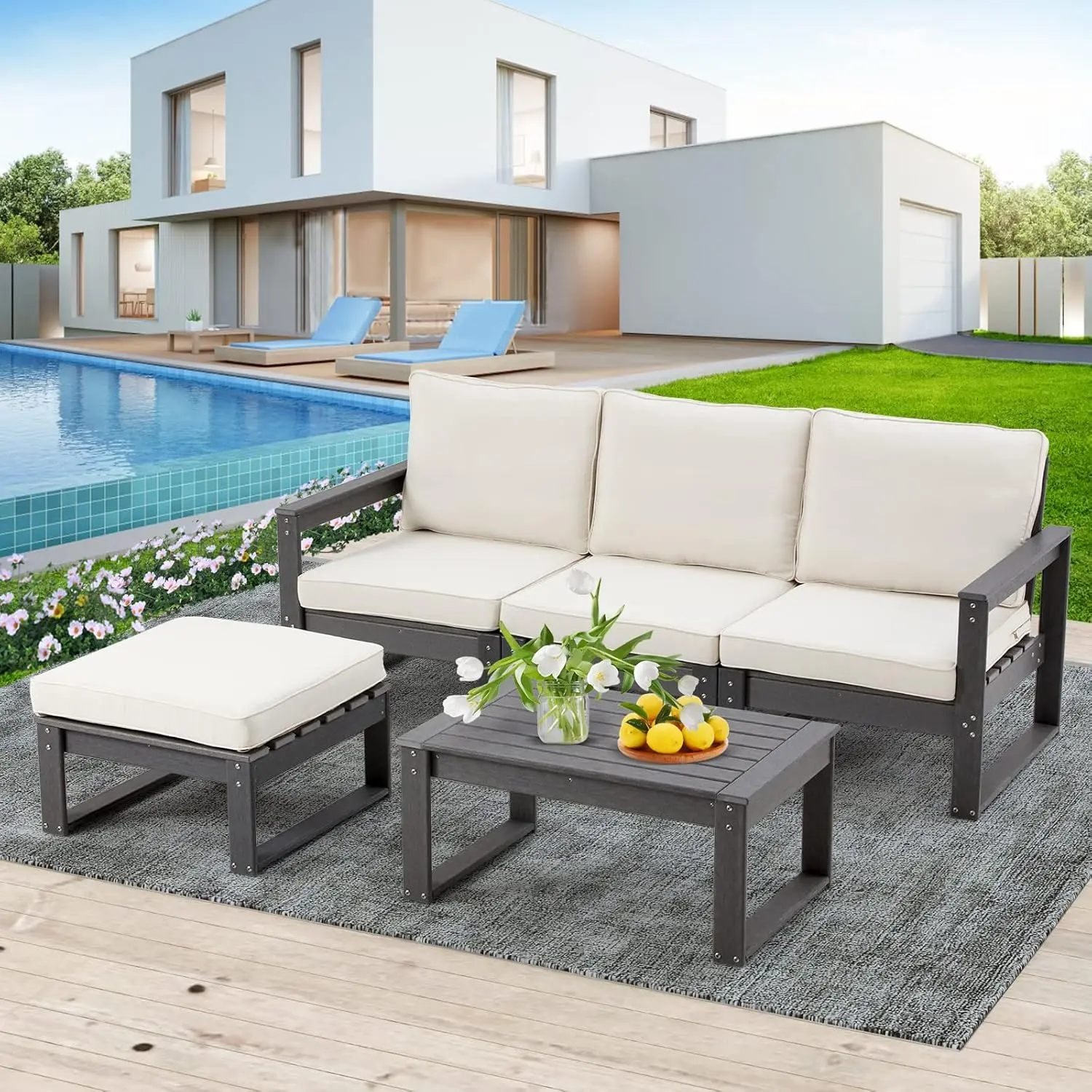 

3-Piece Outdoor Patio Furniture Set, HDPE Sectional Sofa, Patio Conversation Set with Creamy-White Cushions and Tea Table