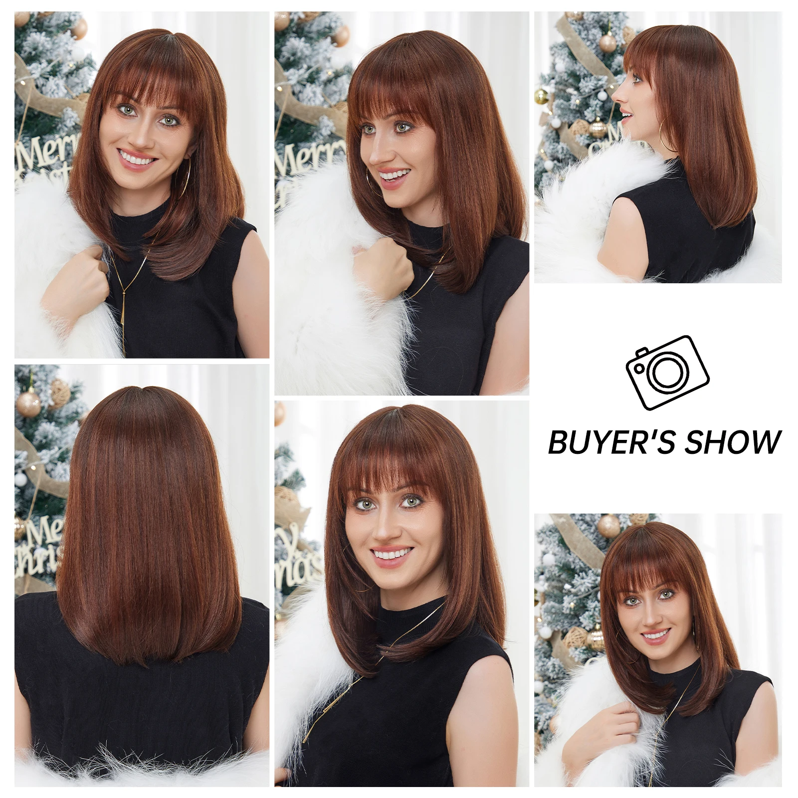 HAIRCUBE Brown Copper Human Hair Blend Wigs Bob Short Straight Synthetic Wig with Bangs 30% Human Hairs for Women Heat Resistant