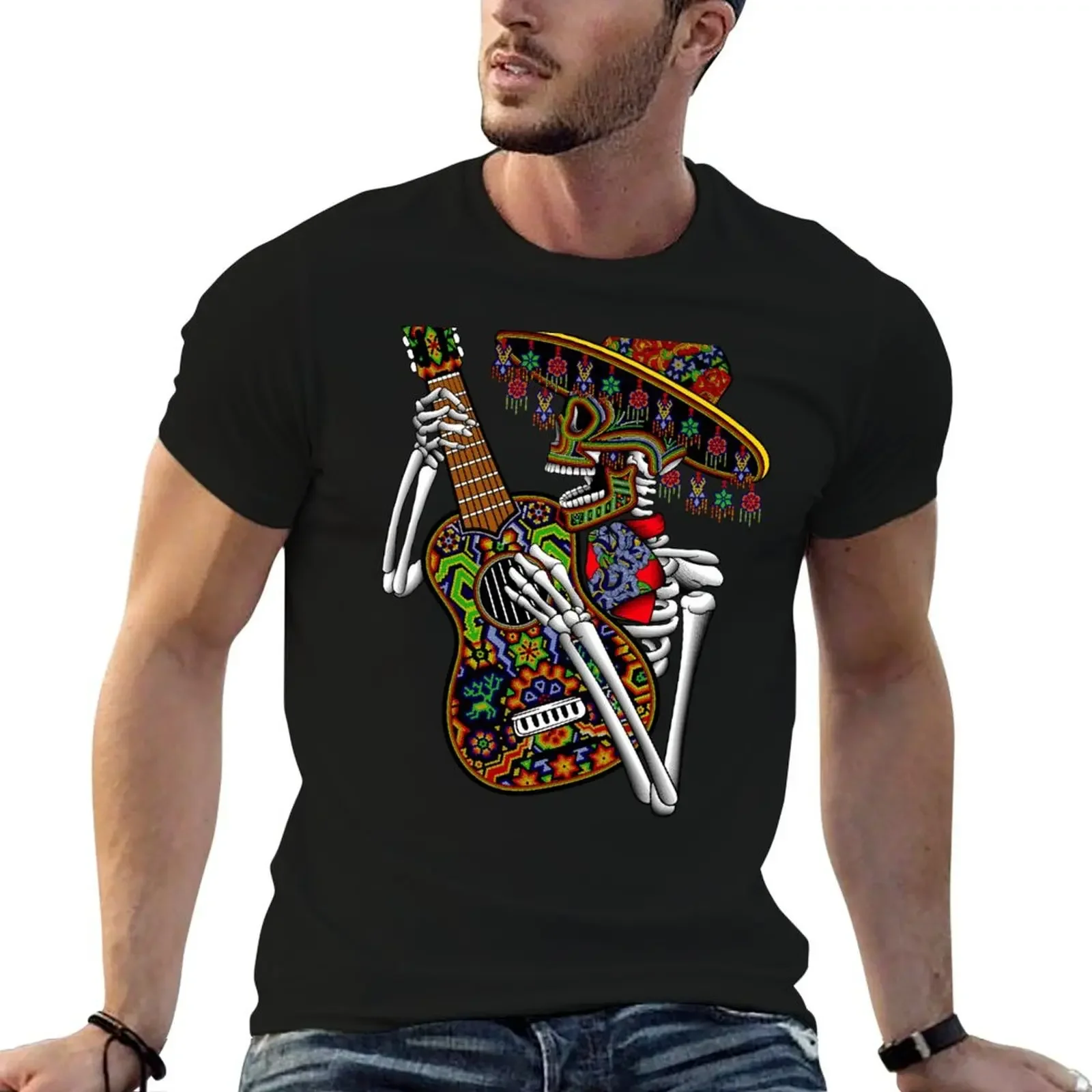 mexican skull guitar T-Shirt korean fashion oversizeds summer clothes plain white t shirts men