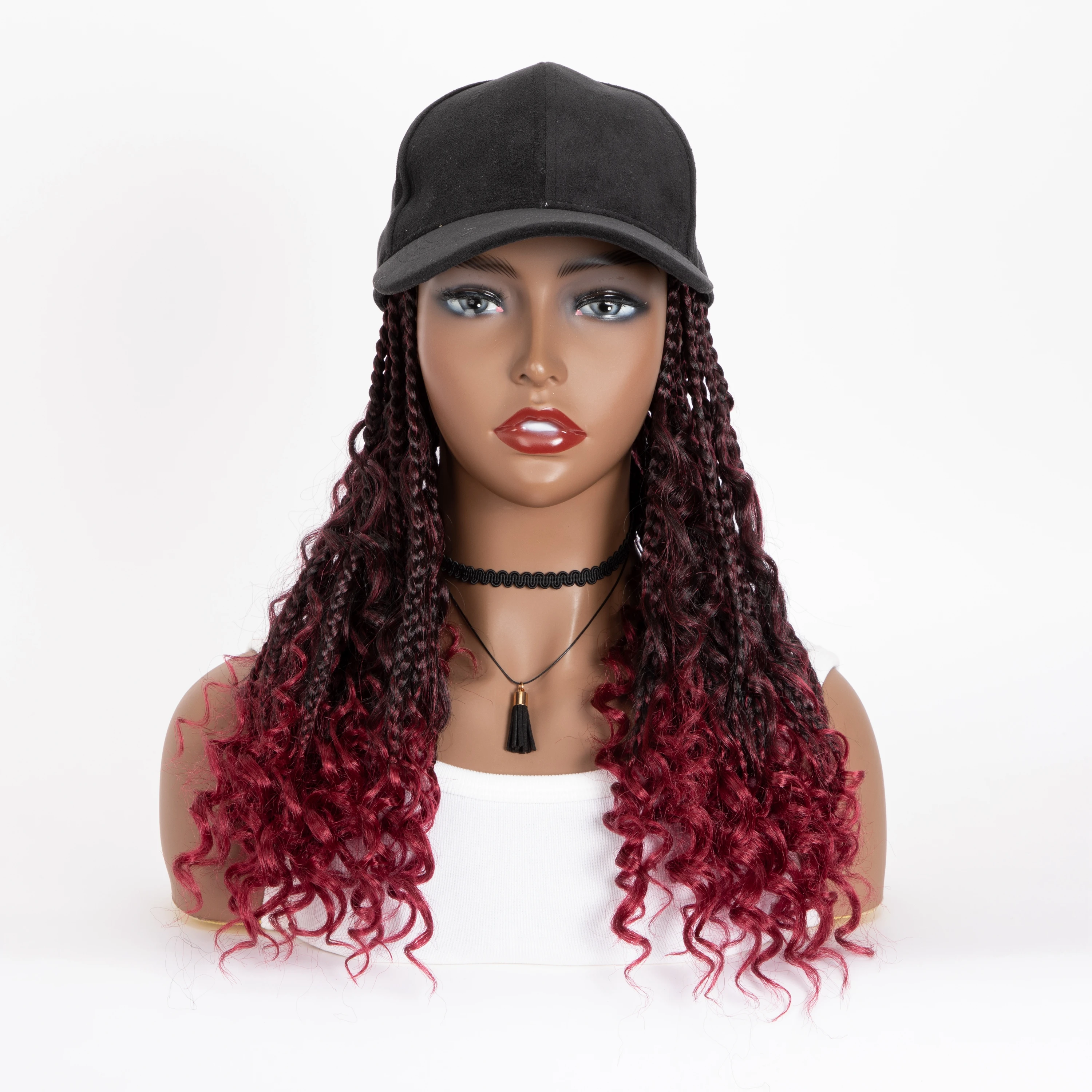 Gorra de béisbol con trenzas de 14 "y 20" para mujer, gorro sintético con trenzas ajustables, extensiones de cabello rizado, Media Ombre Boho Box