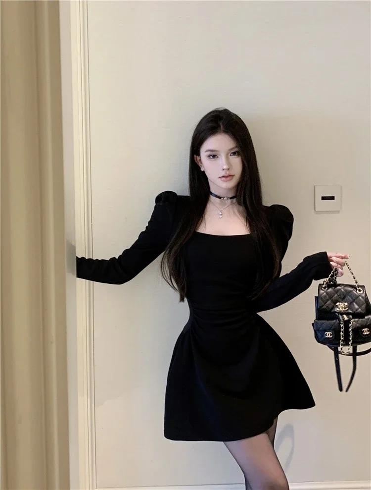 Vestidos de manga comprida vestido feminino senhora outono modal bege smocking ruched cintura-equipado meio gola alta clássico minimalista simples