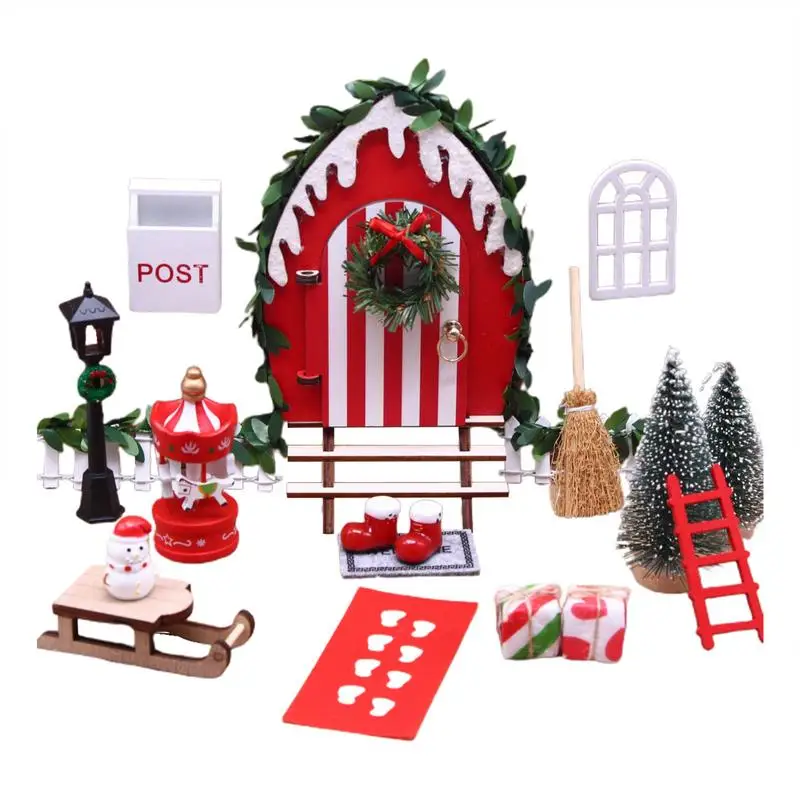 Doll House Christmas Decorations 1:12 Scale Toyhouse Door Miniature Scene Model Wooden Simulation Trees Snowman Crafts For