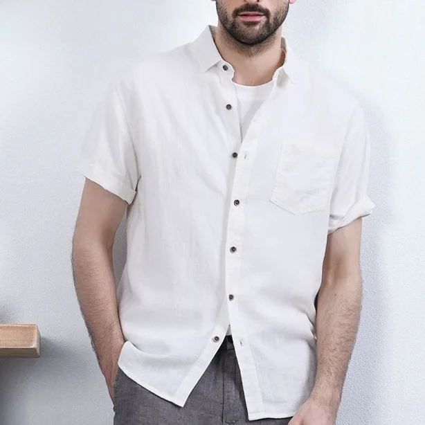 Men's Casual Thin Short Sleeve Shirt Linen Summer Breathable Loose Pure Color Linen Material Shirt Lightweight Vintage Style