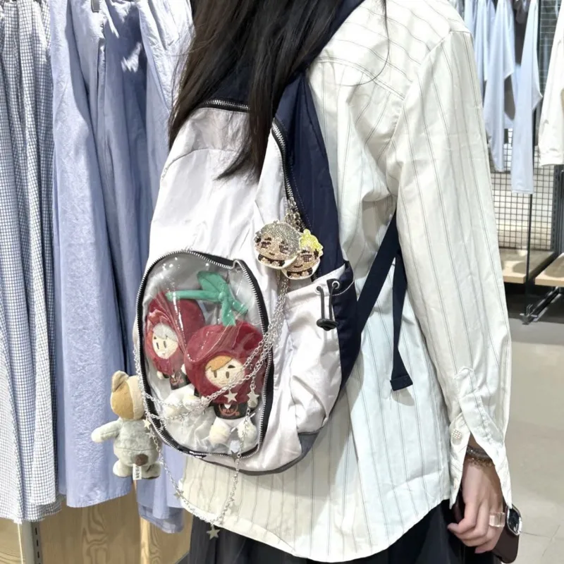 Mochila con bolsillos transparentes para mujer, bolsa con decoración de cadena, estilo japonés, alta capacidad, estilo Ita, Y2k, Lolita, Harajuku