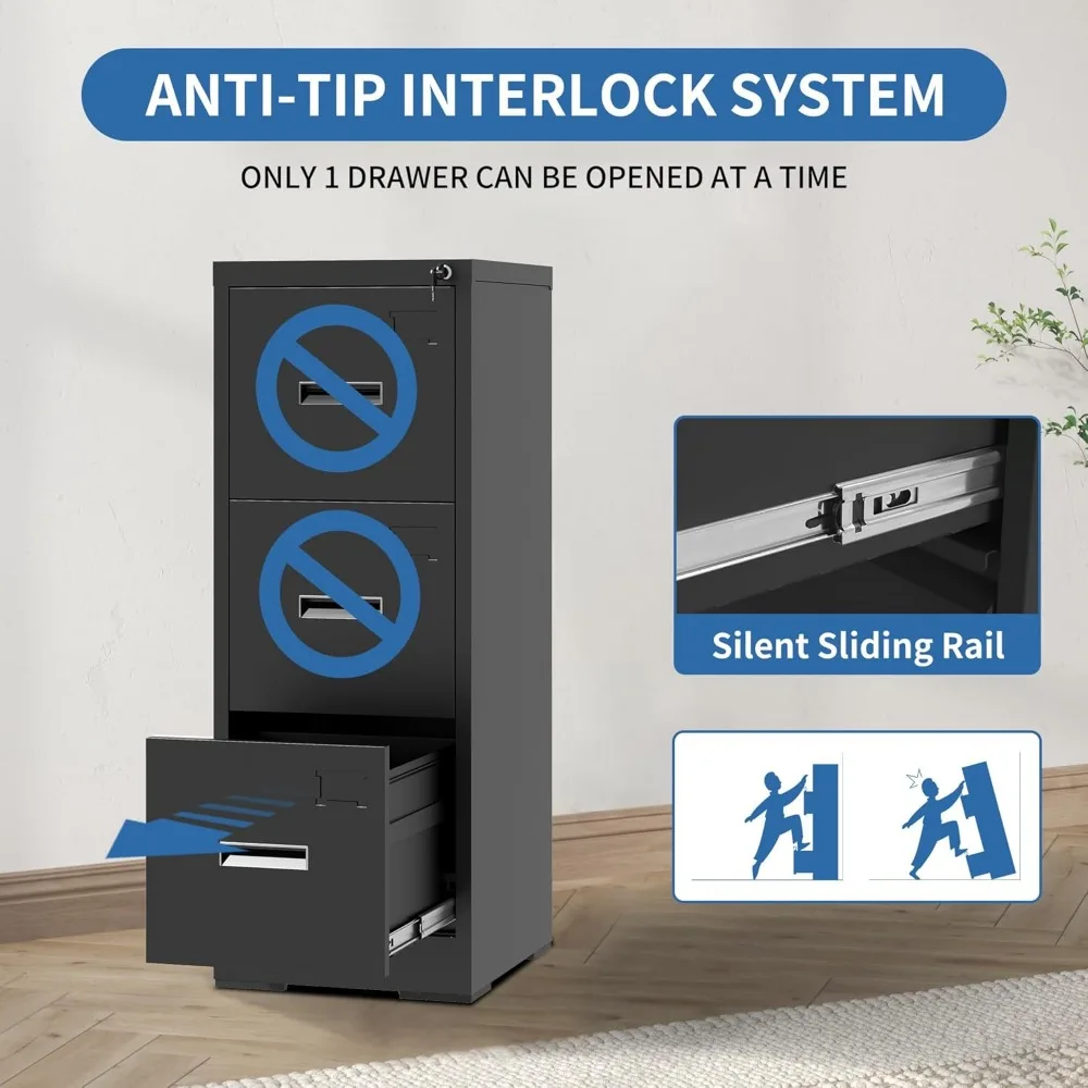 Metal Vertical File Cabinet with Lock, 3-Drawer Steel Storage Cabinet for Home Office, Hanging File Organizer