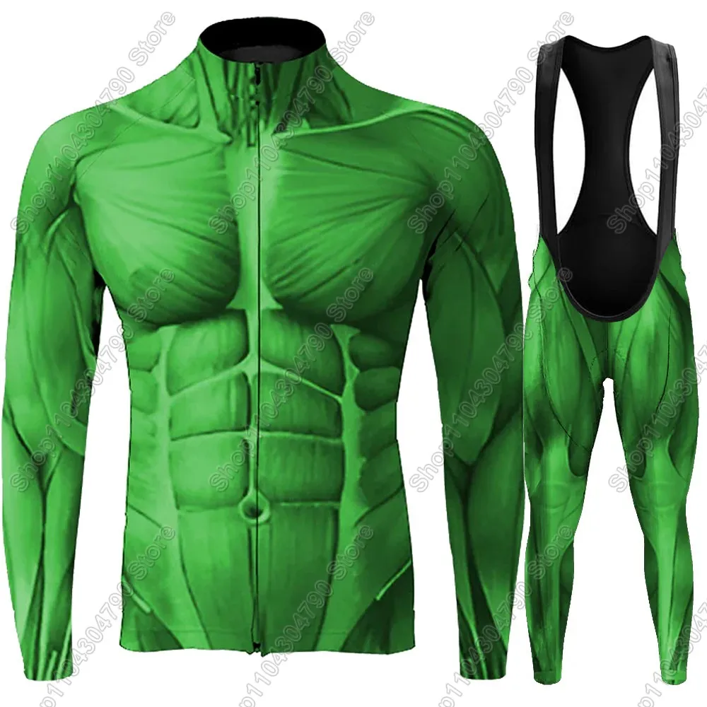 

Muscle 3d Team 2026 Cycling Jersey Set Green Retro Clothing Suit Mens Long Sleeve MTB Bike Road Pants Bib Ropa Ciclismo