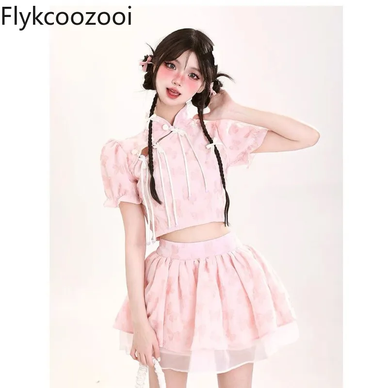 

Chinese Printed Puff Sleeve Shirt Crop Top Women Empire-wasietd Pleated Mesh Patchwork Cake Skirt Summer Sweet Pink Two Pieces