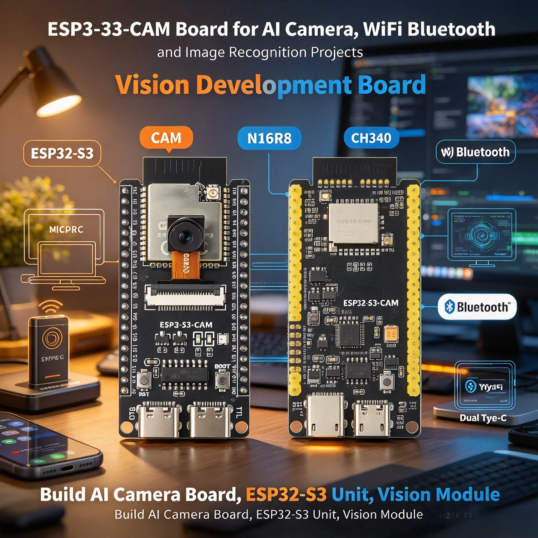5Pcs ESP32-S3-CAM Development Board, WiFi BT, CH340 Built-in Camera Module, ESP32-S3-N16R8, Dual Type-C