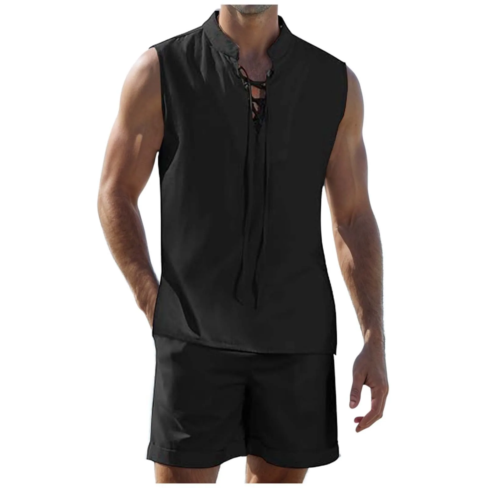 Summer Men\'S Two Piece Set Casual-Shirt And Shorts Set Mens Sports Suit Fashion Linen Tank Tops Tracksuit Sleeveless T-Shirt