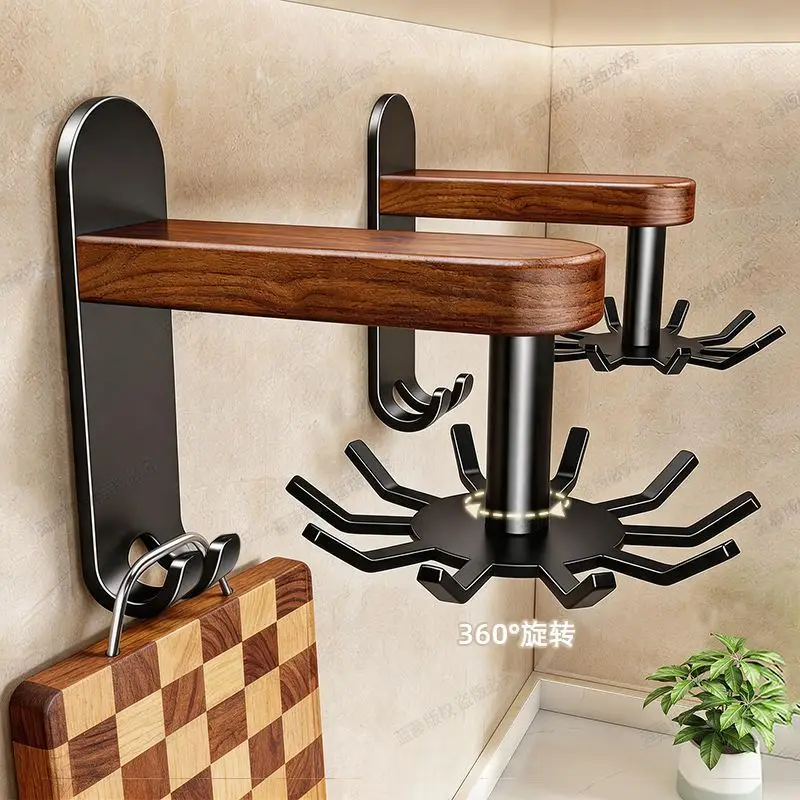 Walnut Rotating Hook, No Drilling Spatula Spoon Holder, Wall Mounted Kitchen Utensil Storage Rack, Organizer Shelf