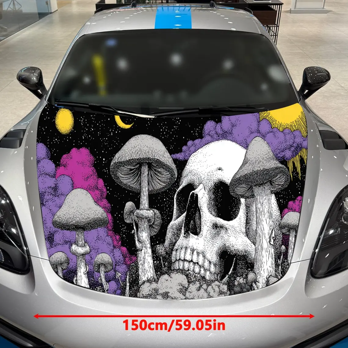 Skeleton and Mushroom Under the Dark Moonlight PVC Car Hood Wraps, Self-Adhesive Waterproof Car Bonnet Decal Sticker, Car Decora