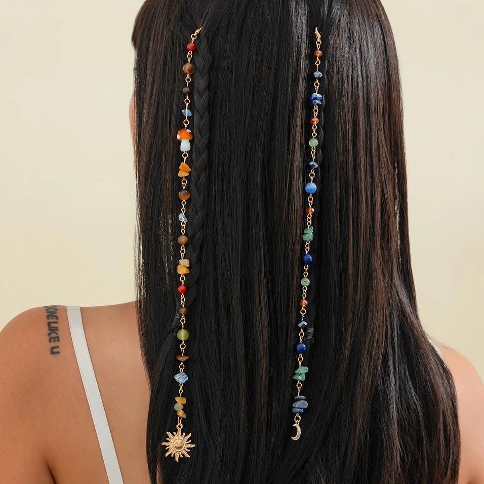 Salircon 2Pcs/Set Trendy Design Long Tassel Chain Headdress Hair Accessories Exquisite Sun Moon Pendant Hairwear Women Jewelry