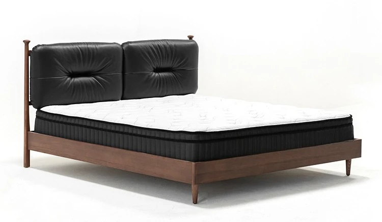 

Минималистская концепция / Кровать Bailey / Французская винтажная черная кожаная кровать, кровать из цельного дерева