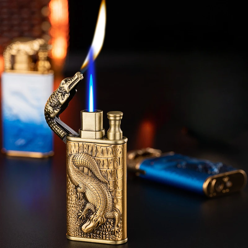 

Straight Conversion Open Fire Inflatable Blue Flame, Elegant Metal 3D Relief Crocodile Lighter, Double Fire, New