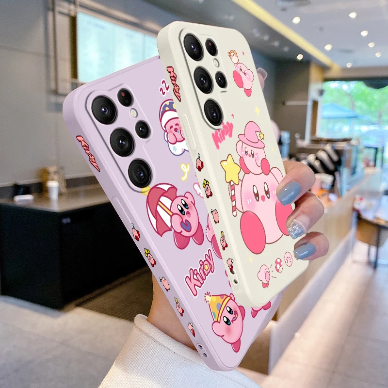 Lovely Stars K-Kirby Liquid Left Rope For Samsung Galaxy S24 S23 S22 S21 S20 FE S10 Ultra Plus Lite 5G TPU Phone Case