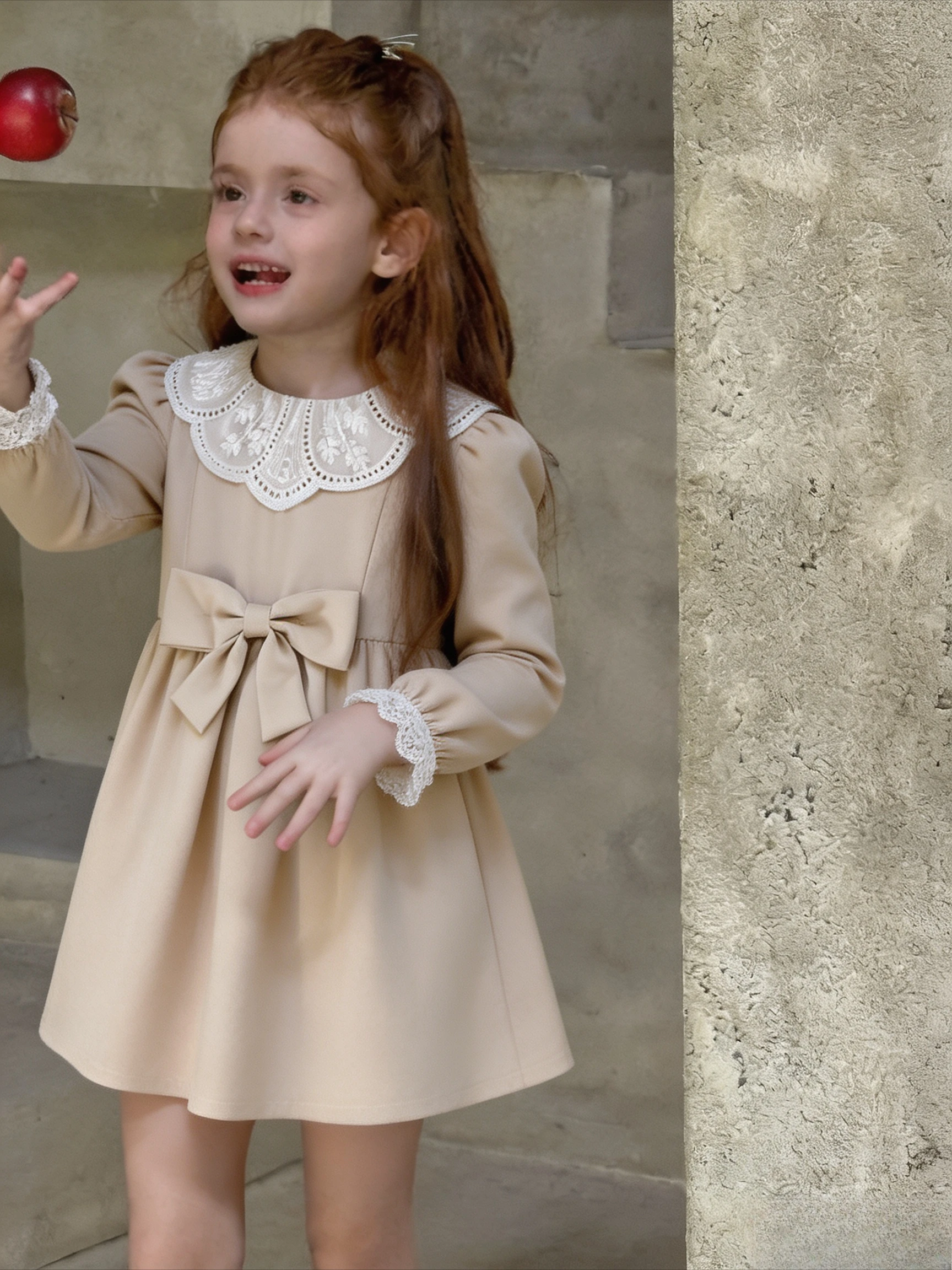 2026 Childrens Dress Beige Apricot Doll Collar Lace Patchwork Bow Knot Waisted Long Sleeve Princess Dress