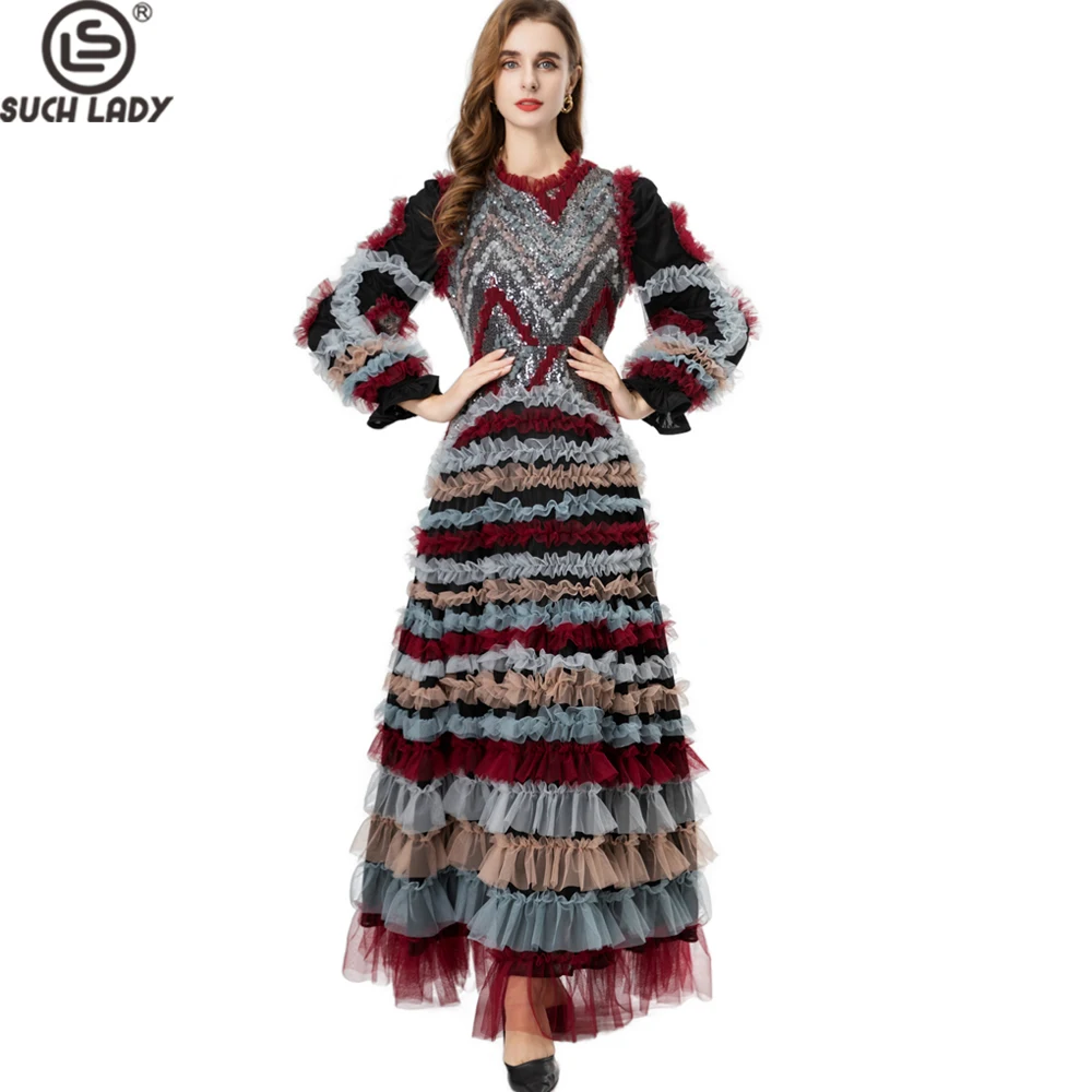 Stunning Multicolor Sequin & Ruffle Trimmed O Neck Long Sleeve Maxi Dress with Multi -Tiered Tulle Skirt Party Prom Gown Vestido