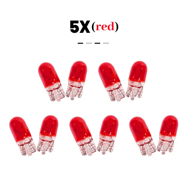 10 Pcs 501 W5W XENON T10 Glass 12V 5W W2.1x9.5d Single Filament Multiple Colour Car Bulb Lamp Violet Amber Blue Clear Red Green