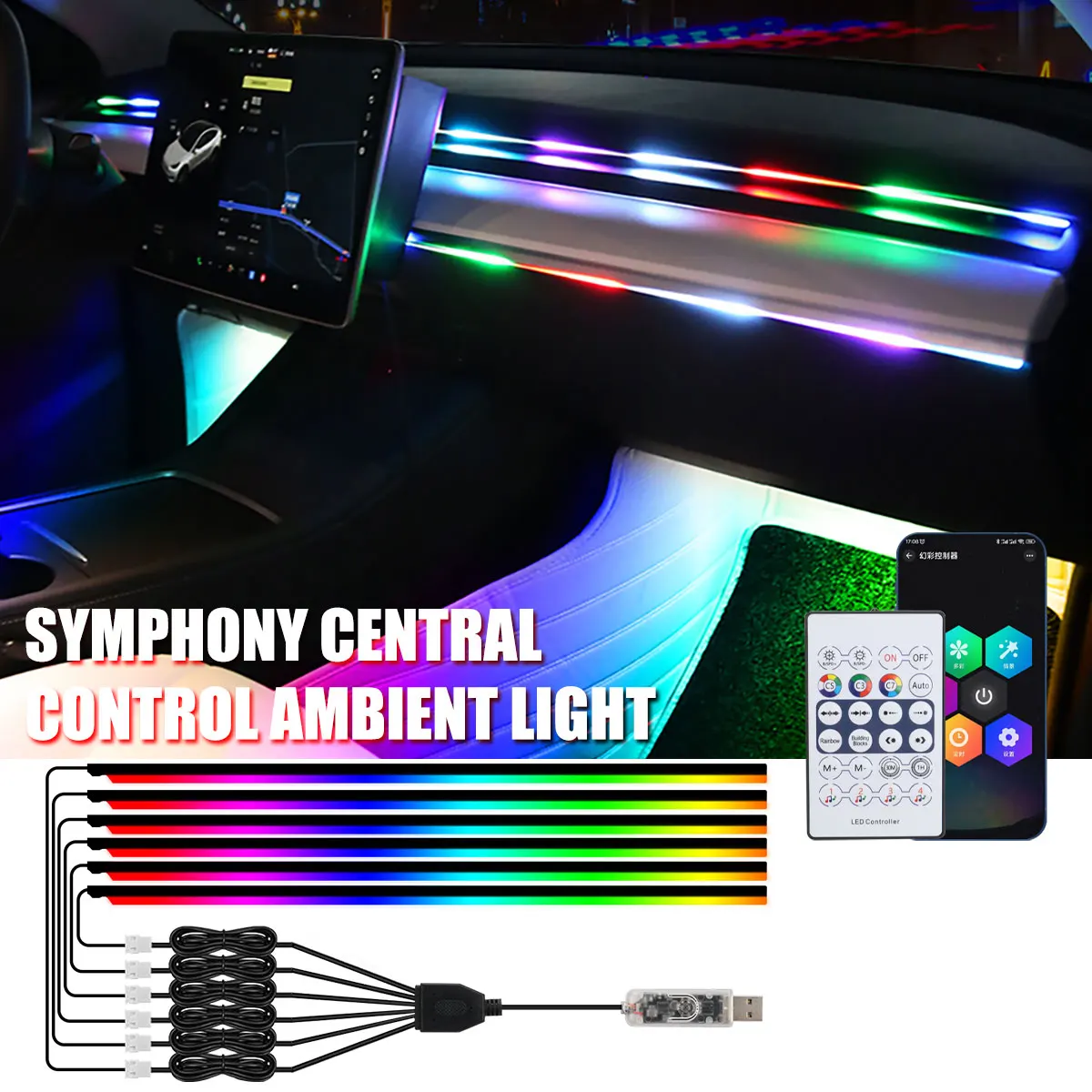 KEVANLY Car Ambient Lights 10 in 1 Footwell Universal RGB Atmosphere Lamps USB APP Remote Cigar Lighter for Tesla Model 3 Y S X