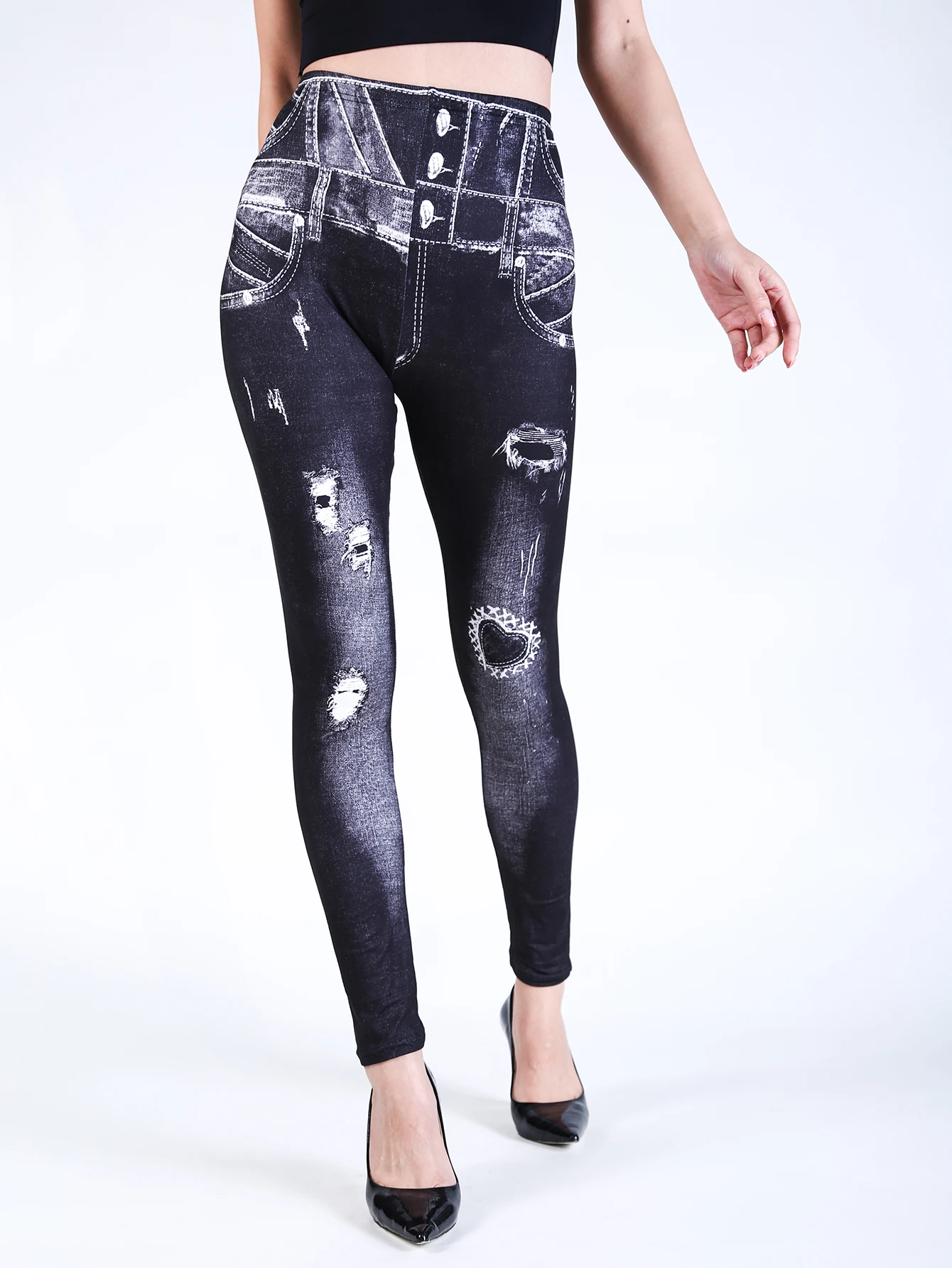 VISNXGI-Leggings en Faux Denim Brossé pour Femme, Pantalon Crayon Sexy, Doux, Vintage, Taille Haute, Serré, Sans Couture, Imprimé Amour, Trou