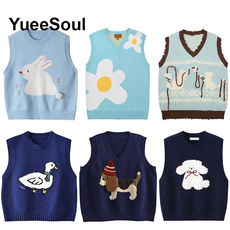 

Blue Women Knit Vest Sleeveless V Neck Loose Oversized Sweater Knitwears 2025 New Casual Sweet Cute Y2K Women's Autumn Clothing