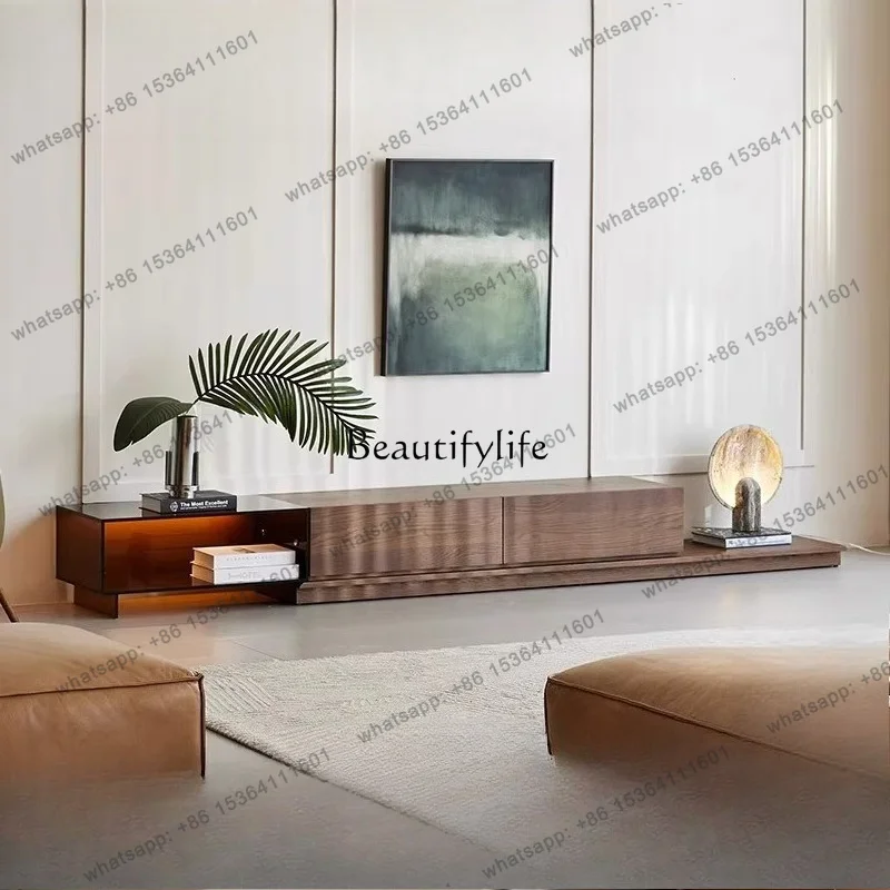 LX Modern Simple Solid Wood TV Cabinet Living Room Telescopic Floor Light Luxury Glass Storage Locker
