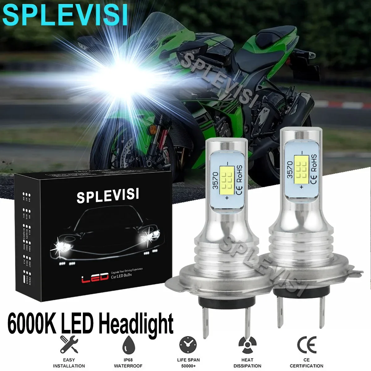 

2x H7 White Motorcycle LED Headlight Bulbs 6000K Kit For Kawasaki Z1000 2003-2013 Ninja 650R 2006-2011 Ninja ZX10R 2011-2016