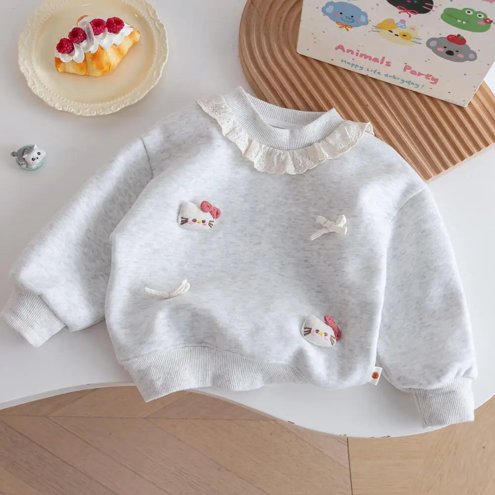 Sanrio Hello Kitty Girls Cotton Cartoon Sweatshirt New Lace Collar Top Cute Casual Korean Style Pullover Children's Clothing - view 3