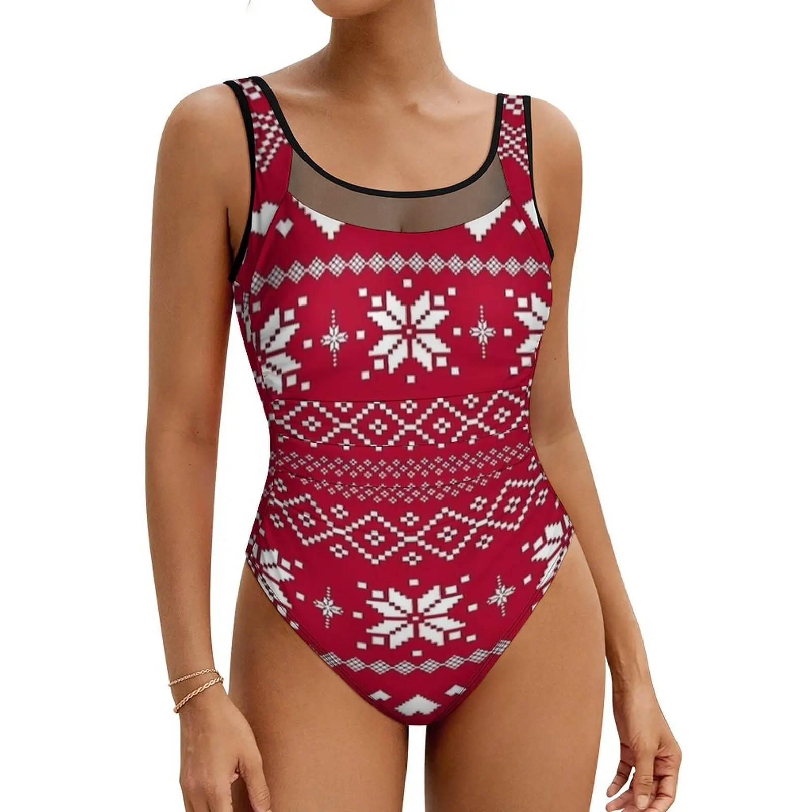 

Современный красно-белый рождественский купальник в стиле ретро, цельный купальник с эффектом пуш-ап, стильный купальный костюм, сексуальный спортивный узор, пляжная одежда