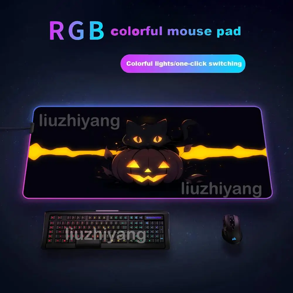 

Коврик для мыши с тыквой и кошками, большие игровые коврики для мыши RGB, светодиодный светильник с заблокированными краями, игровые аксессуары, настольные коврики, коврик для клавиатуры ПК XXL 90x40 см
