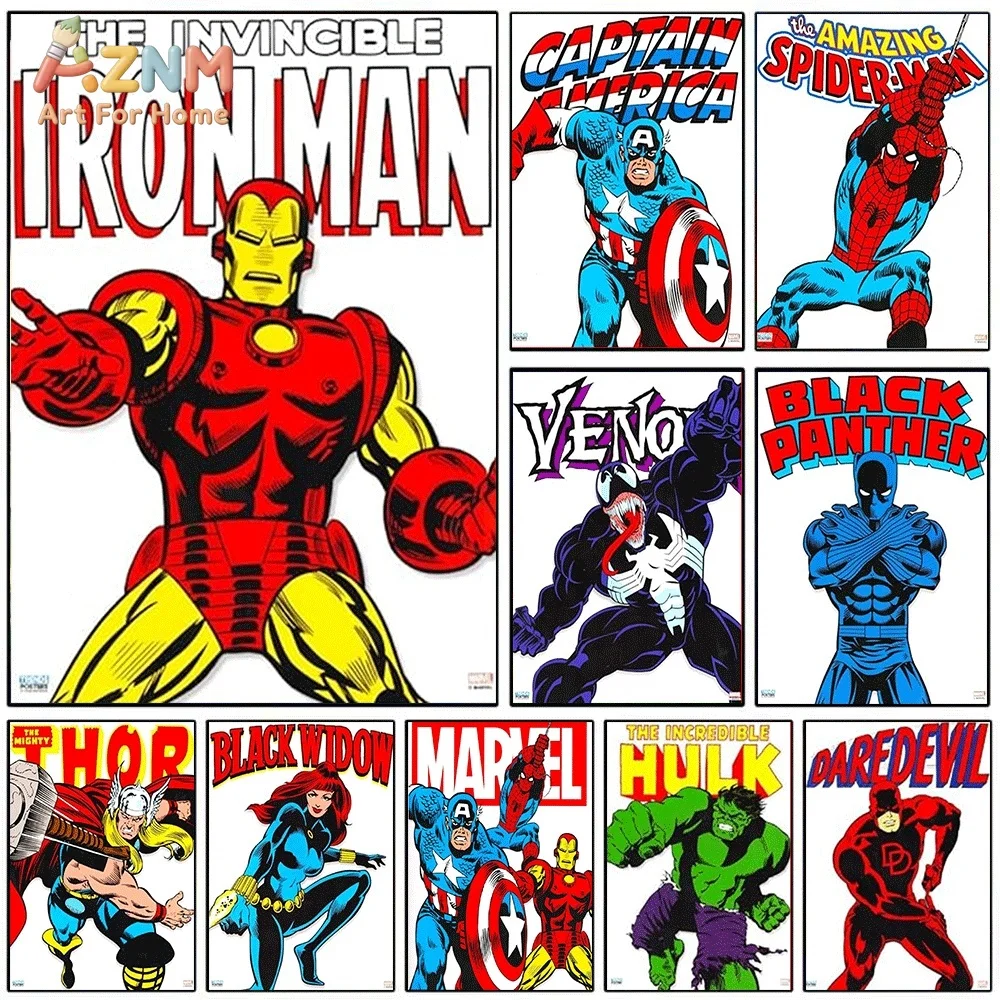 Vintage Classic Marvel Comic Superhero Canvas Wall Art Iron Man Spider‑Man Captain America Retro Print Poster, Frameless Wall