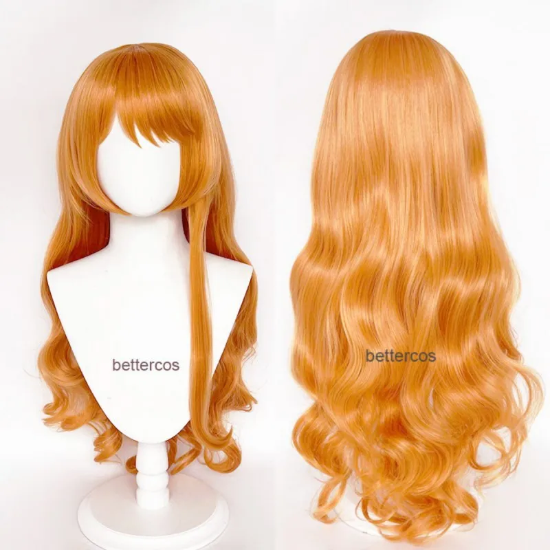 Nami Peluca de Cosplay para mujeres y niñas, pelo largo y rizado ondulado, color naranja, resistente al calor, Anime Nami, fiesta de Halloween, 75cm