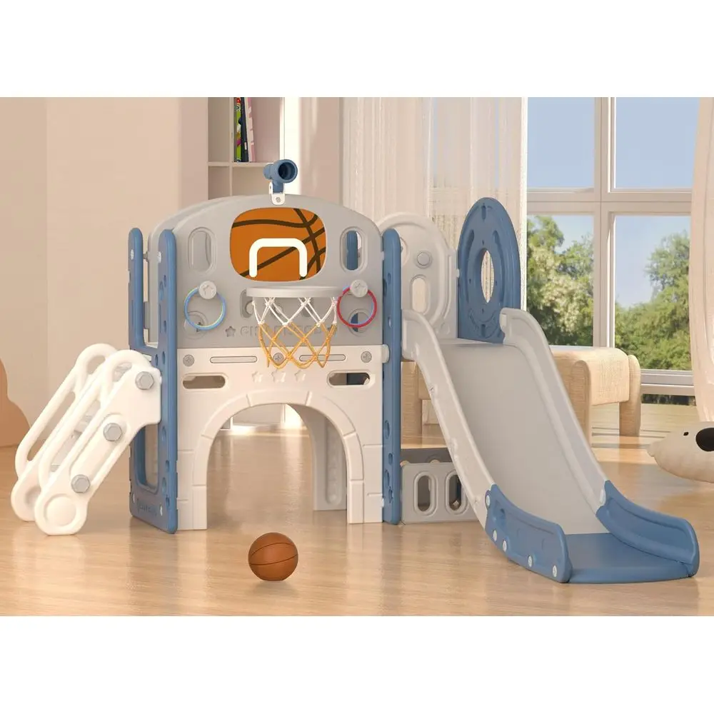 

All-in-One Toddler Slide Set, Suitable for Ages 1-3, with Basketball Hoop, Ideal for Outdoor and Indoor Play (Blue & Gray)