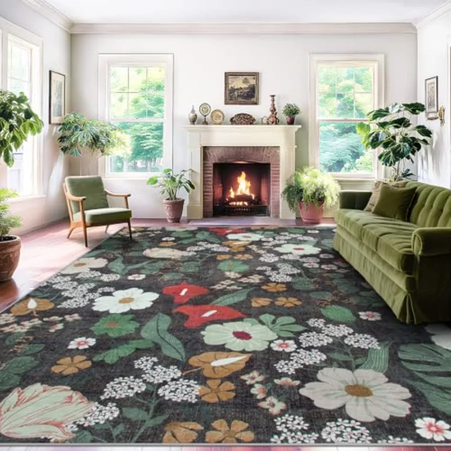 

5x7 Washable Area Rug for Living Room Vintage Floral Design Soft Boho Style NonSlip Indoor Carpet with Low Pile and No Shedding