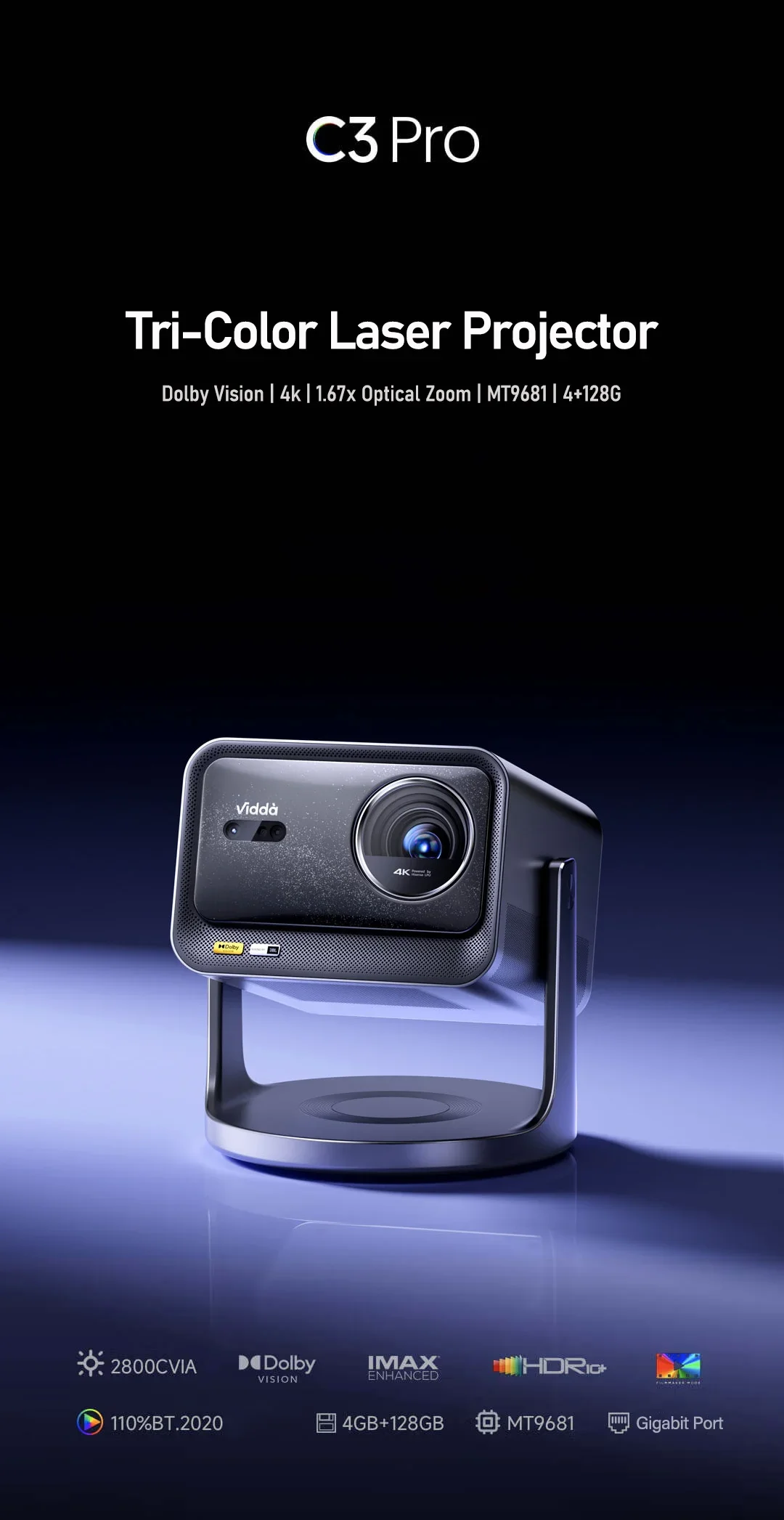 Vidda C3 Pro 4k Proiettore sopraelevato DLP Laser Cinema 2800 CVIA Lumen Proiettore per videogiochi WiFi7 Soundby JBL Proiettore Home Theater