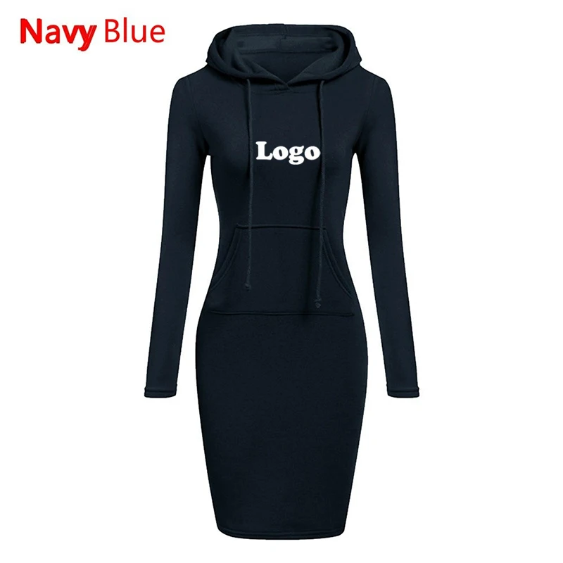 Retro Bodycon Autumn Fashion Mini Dresses Women Pockets Hooded Casual Dress Customize Your Logo Print Long Sleeve Sweatshirt