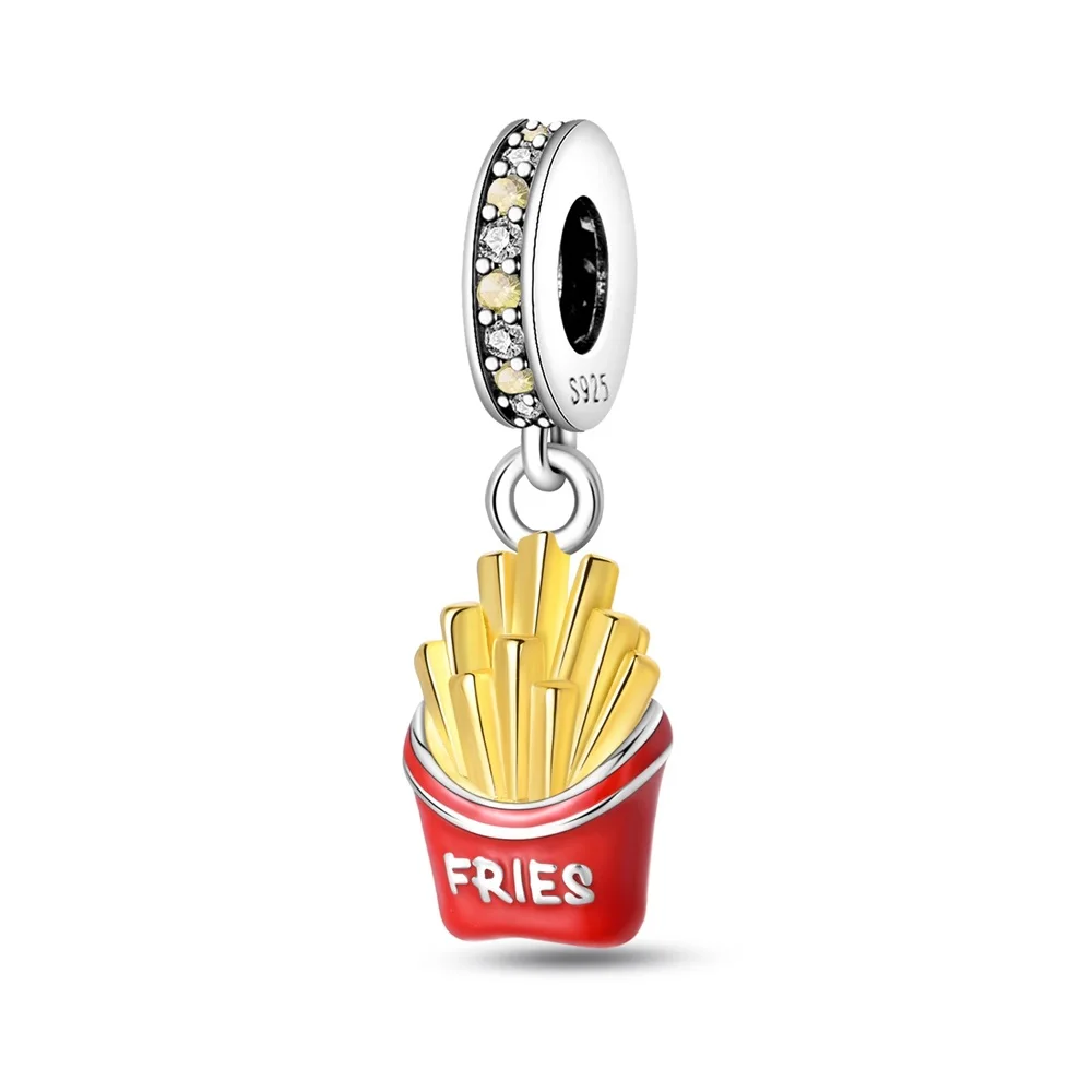 Creative 925 Sterling Silver Red Packaging Gold Fries Charm Fit Pandora Bracelet Women's Food Banquet Jewelry Accessories