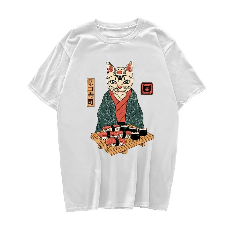 Neko Sushi Cat Japanese Anime Men TShirt Ulzzang Hip Hop Cotton Clothes Tshirt Funny Harajuku Summer Ulzzang Streetwear Women