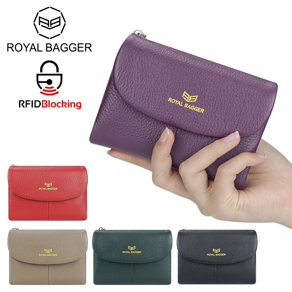 Royal Bagger RFID Blocking Women's Short Wallet Genuine Leather Multi-card Slots Card Holder Trifold Purse Magnetic Opening 2063