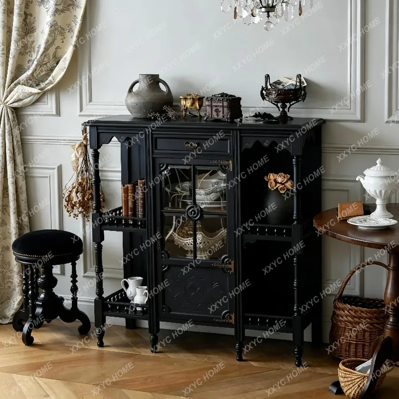 Retro black dining side cabinet solid wood carving flower glass display cabinet medieval entrance locker living room storage