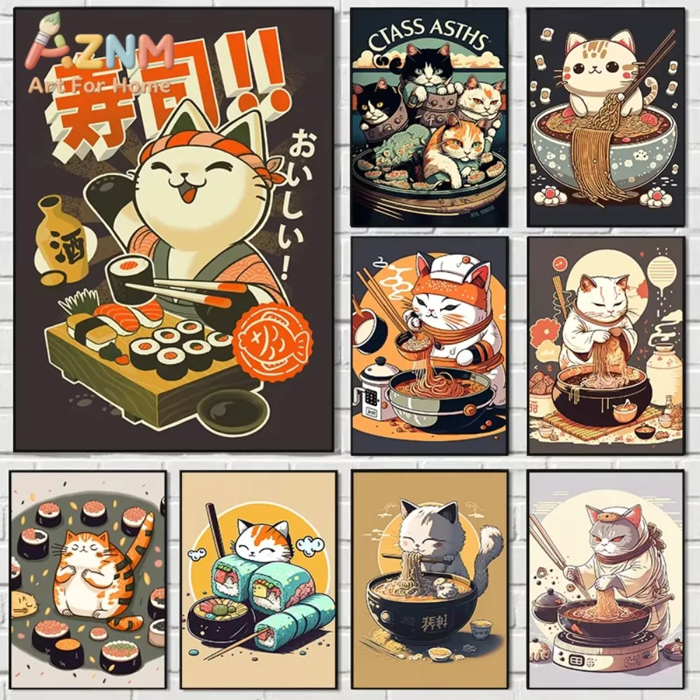 

1pc Retro Japan Art Sushi Cat Chef Ramen Poster Aesthetic Wall Art Canvas Painting Mural Kitchen Dining Room Decoration Picture