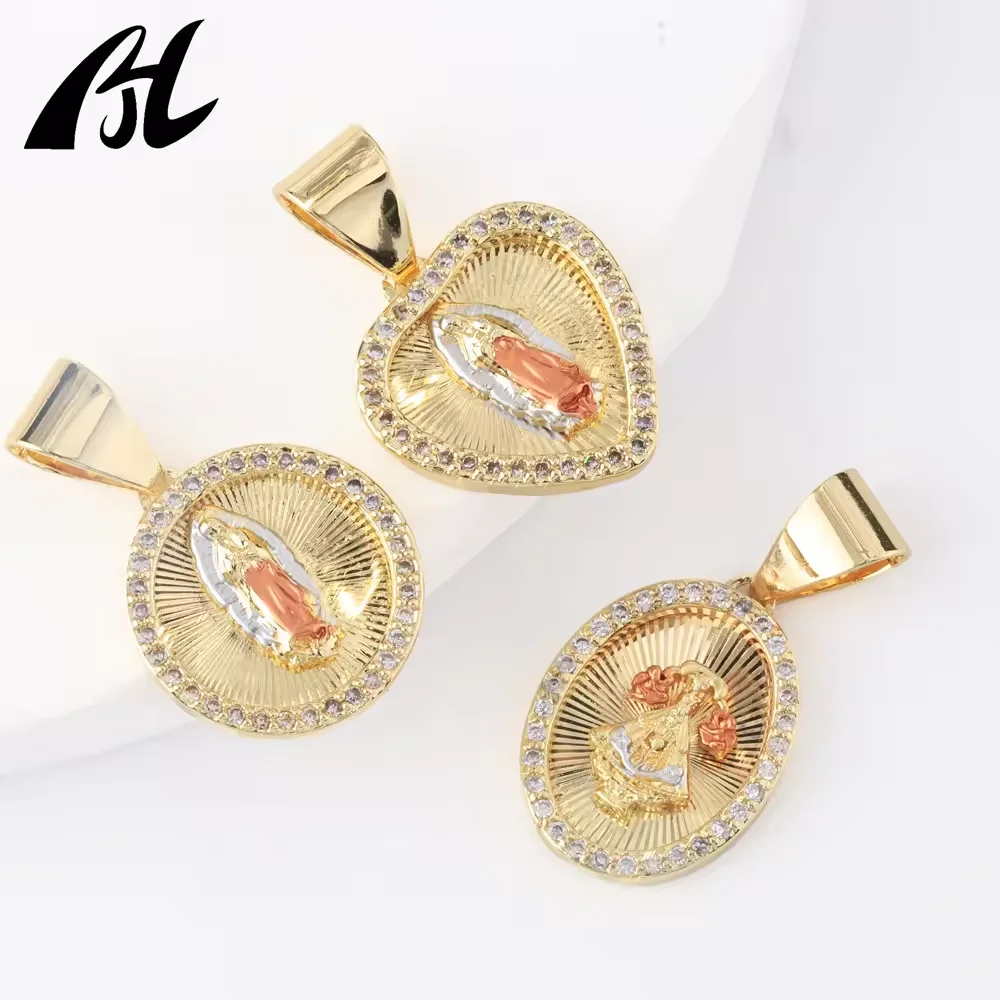 Fashion Jewelry catholic 18k Gold Plated Tri Color Three Tone Plated Heart Shape Mother Virgin Mary Pendant Charm Gift