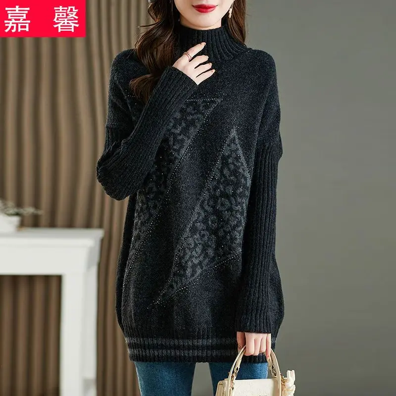 New Mid to Long Style Semi High Neck Sweater with Butt Covering Feminine Temperament Loose Knit Top